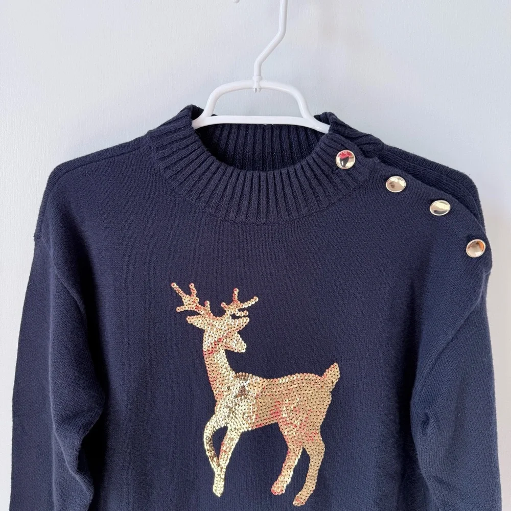 NWT Talbots Button Mockneck Sweater Sequin Deer